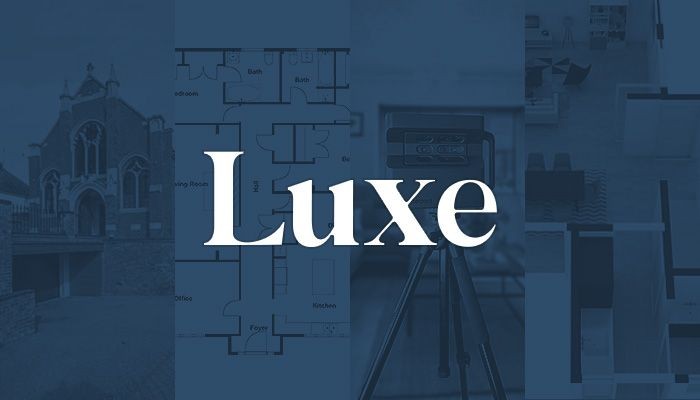 Collage with the word 'Luxe' over architectural and interior design elements.